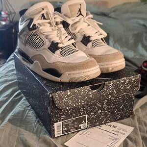 Jordan Retro 4 White, Black, and Tan Sneakers